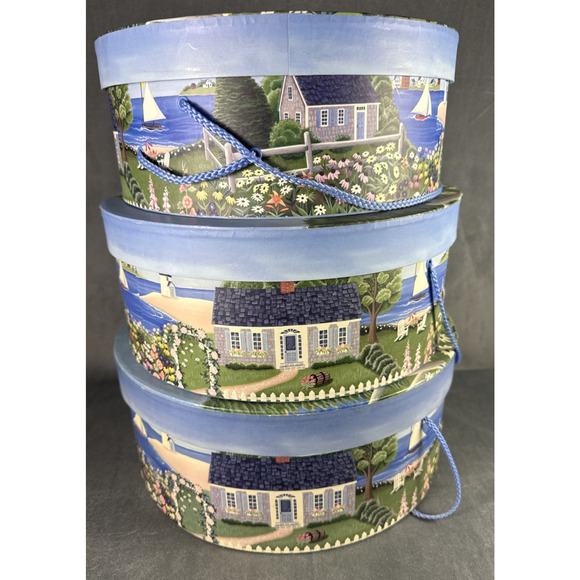 Set of Three Claire‎ Murray Nantucket Decorated Nesting Hat Boxes Vintage 2002 - Picture 1 of 16